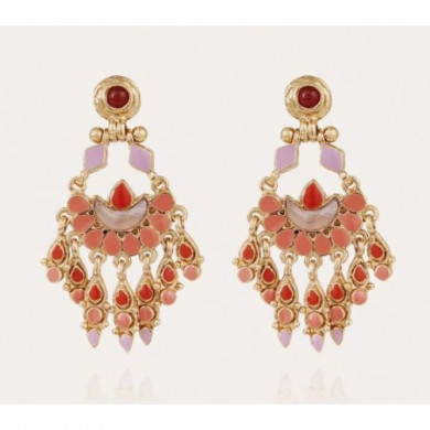 Boucles d’oreilles femme or émail violet, corail et rouge GAS Bijoux Musa