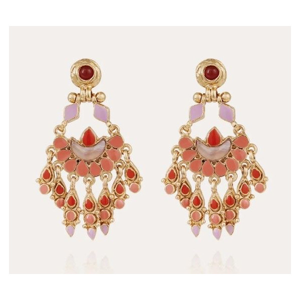 Boucles d’oreilles femme or émail violet, corail et rouge GAS Bijoux Musa