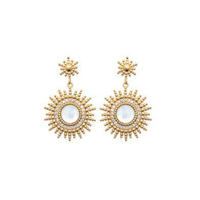 Boucles d'oreilles femme or soleil nacre blanche et oxydes de zirconium Influences