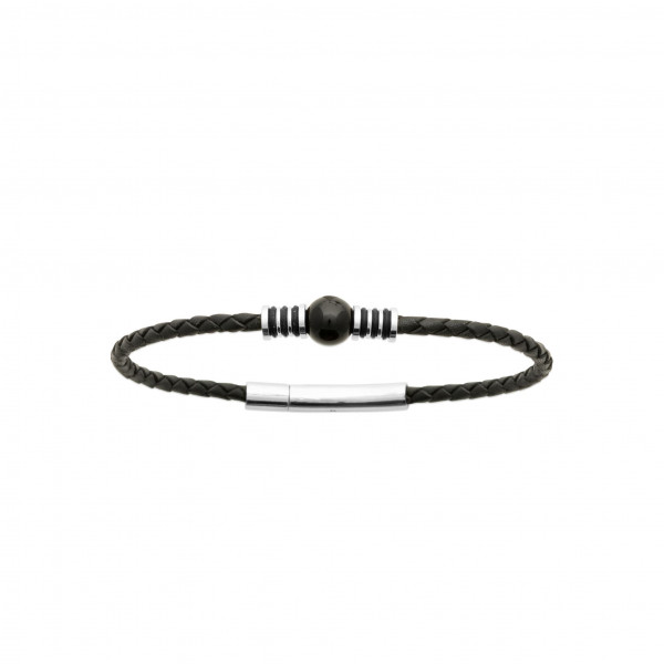 Bracelet jonc homme acier inoxydable cuir et agate noire Influences