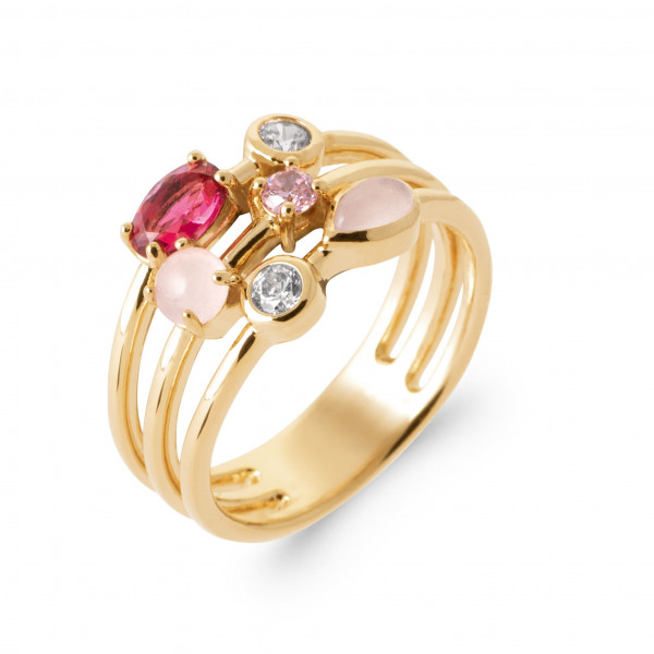 Bague or femme oxydes de zirconium et quartz rose Influences